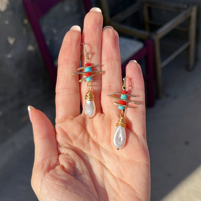 Coral, Turquoise and faux Pearl Earrings