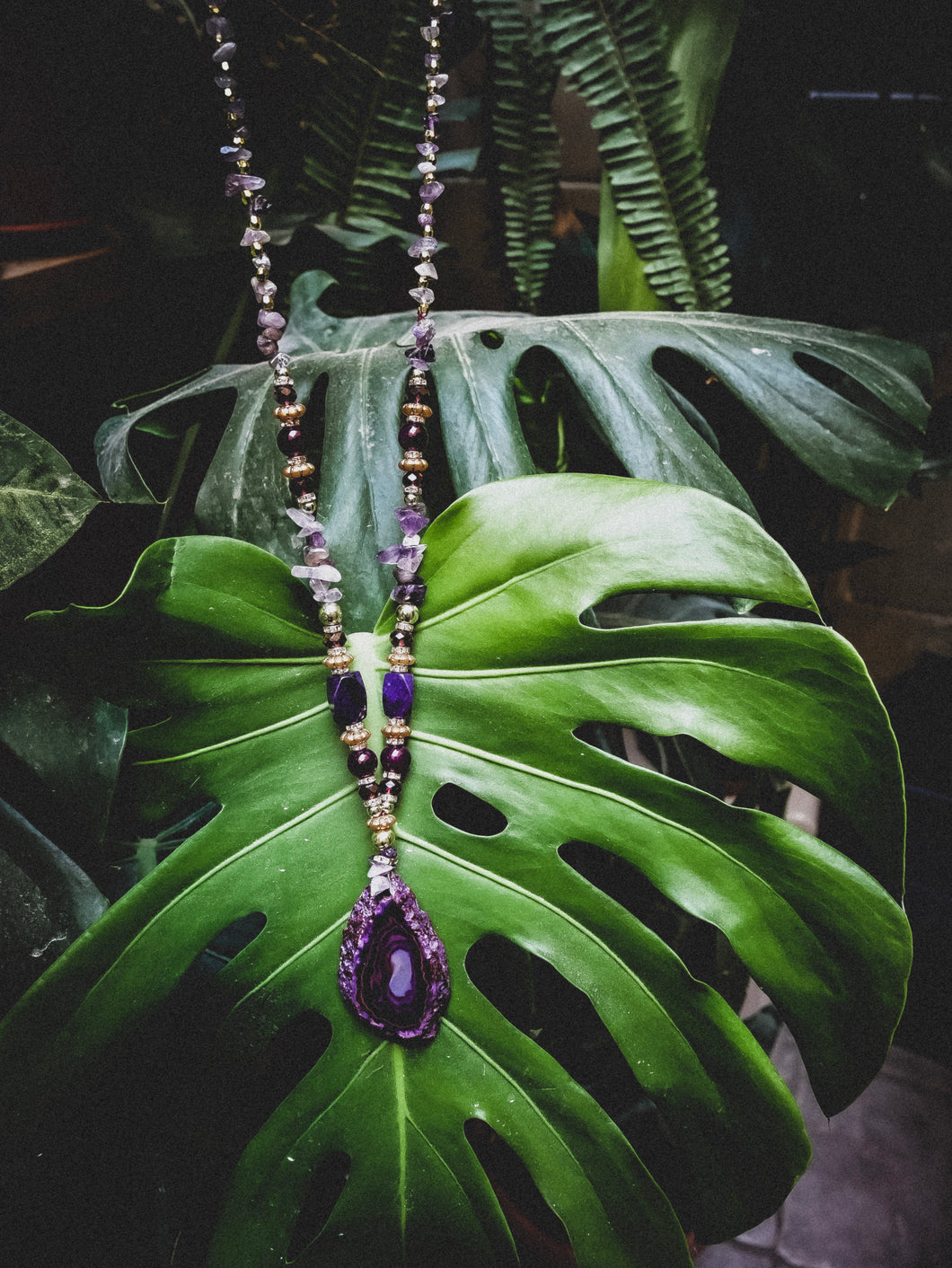 Purple Agate Long Necklace with Amethyst.