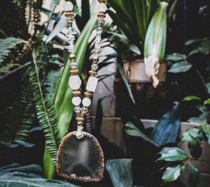 White Agate Long Necklace with Clear quartz.