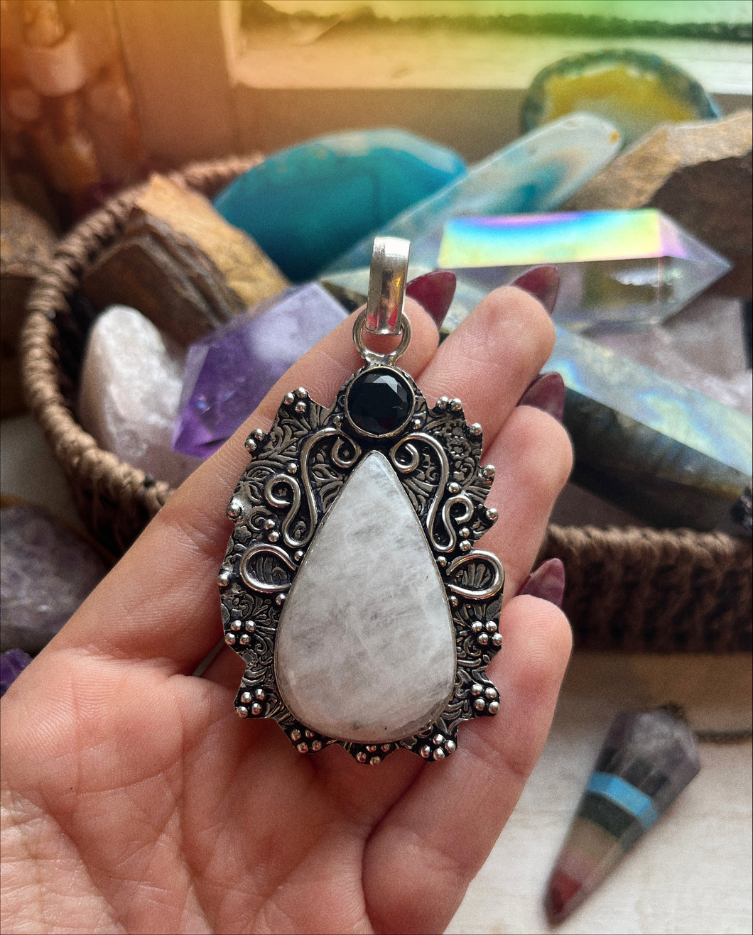 Rainbow Moonstone and Black Spinel Pendant