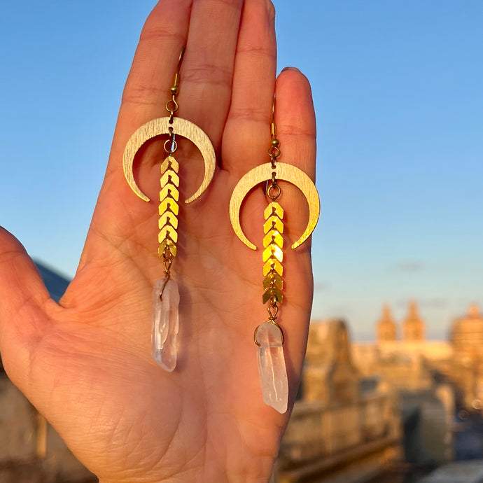 Moon, Herringbone and Quartz Earrings