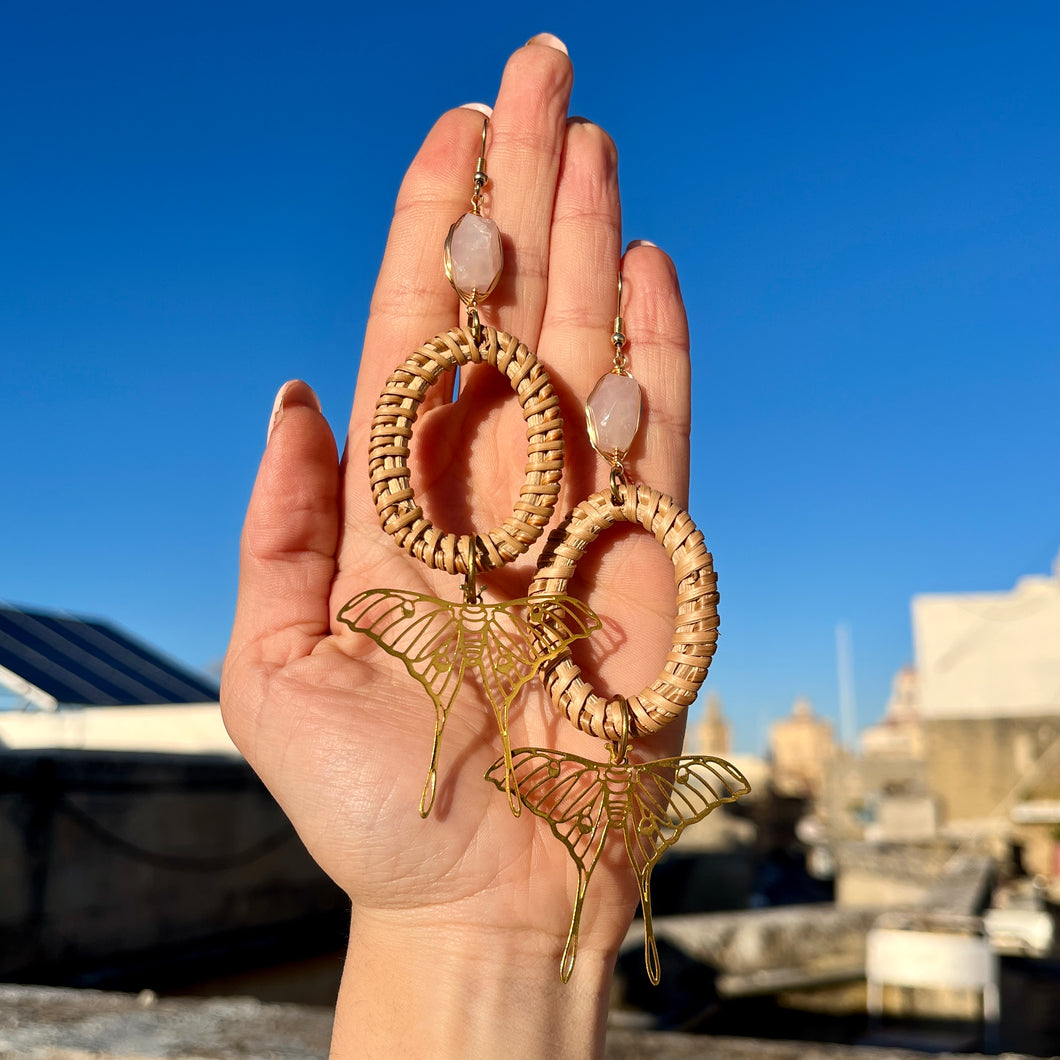 Rose Quartz, Rattan and Moth Earrings
