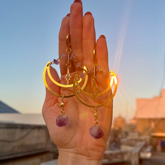 Amethyst, moon and northern star earrings