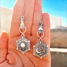 Load image into Gallery viewer, Hands holding Sun and Moon Earrings 🐍